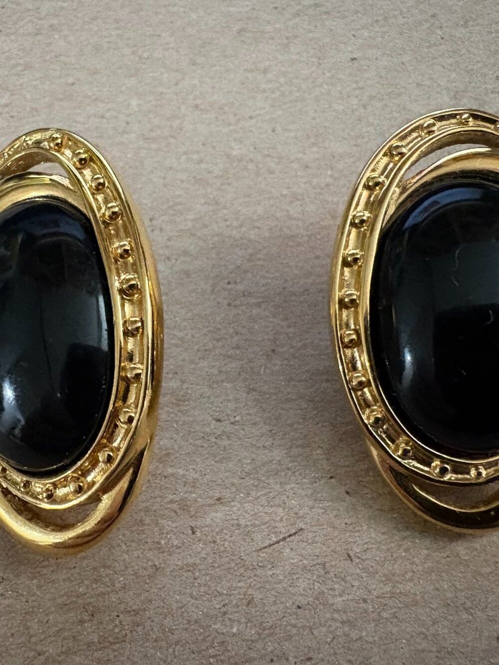 1980s vintage signed Monet double elliptical oval & black cabochon earrings